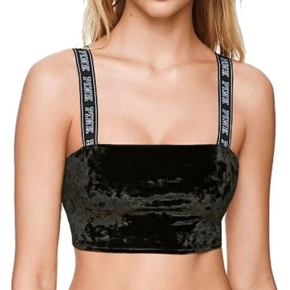 PINK Black Velvet Crop Top with Logo Straps